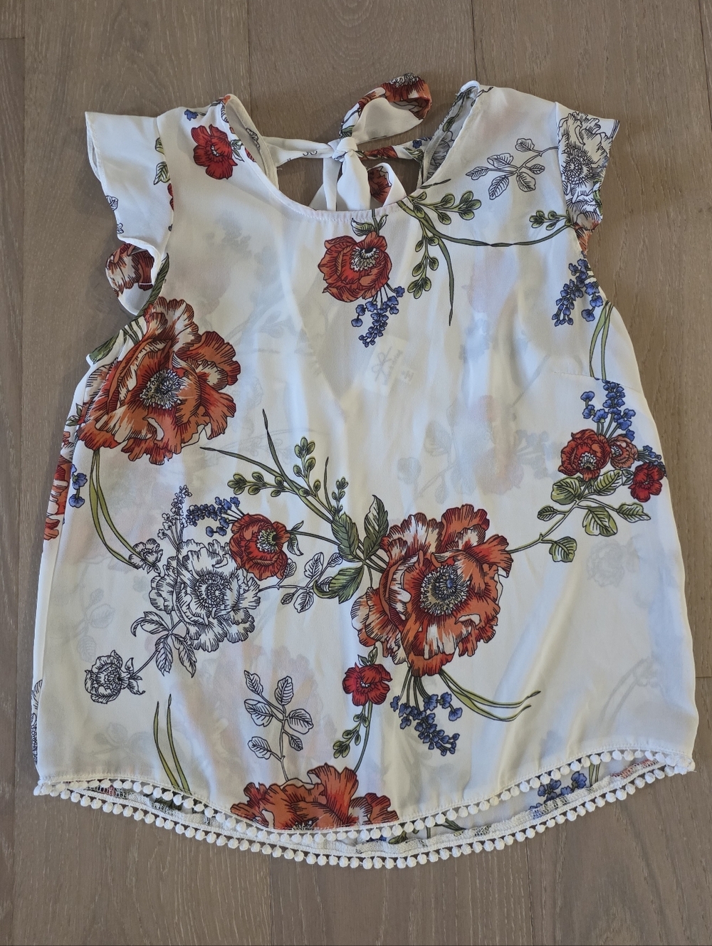 Girls' White Floral Pom-Trim Tank Top